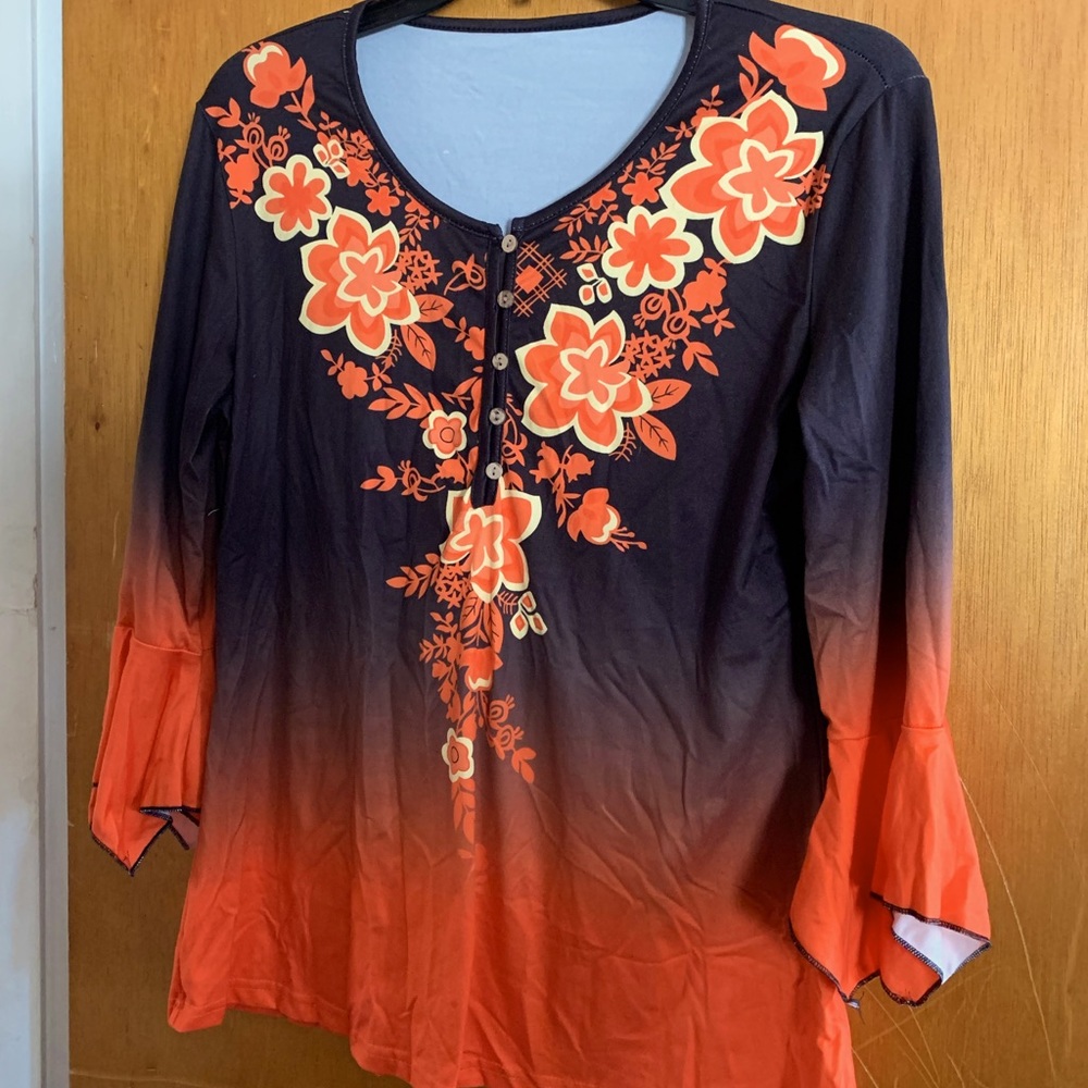 Emery Rose Asian Design Inspired Blouse (Orange/ Black) Med Flared Sleeves